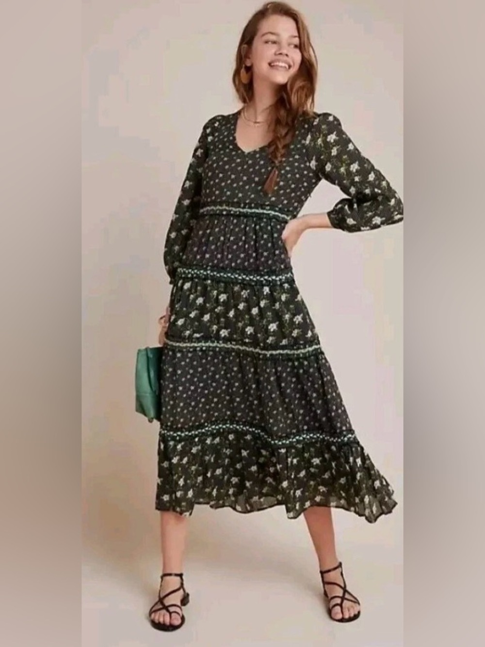 Anthropologie Dark Green Floral Tiered Long Sleeve Midi Dress